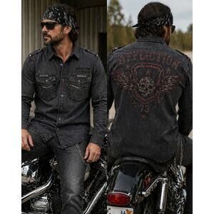 Affliction Black Premium Skull Wing Button Up Shirt Mens 2XL Distressed Y2K Goth